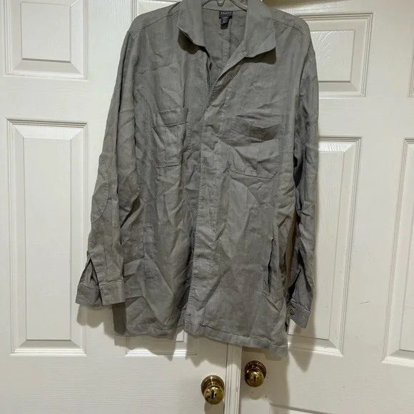 Haupt‎ Germany Linen Button Down Mens Large Long Sleeves Gray Shirt Patch Elbow